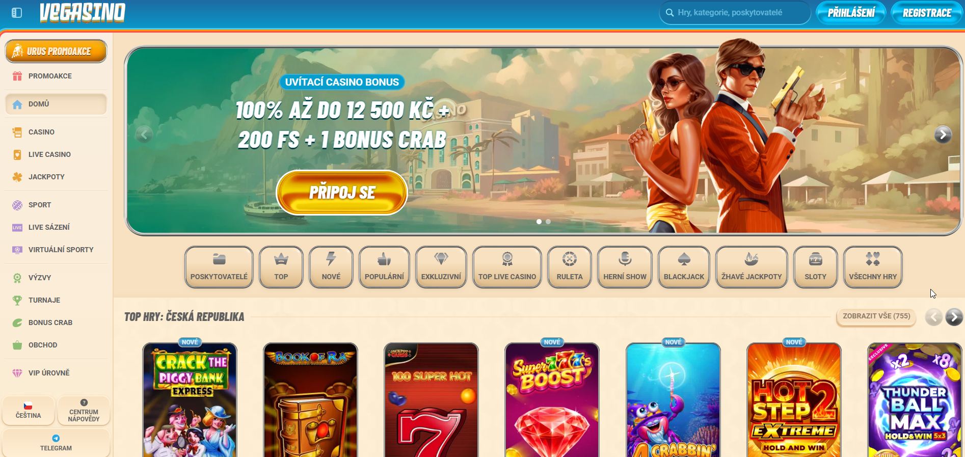 Vegasino Casino dá hráči při registraci 100% bonus až do výše 12 000 Kč